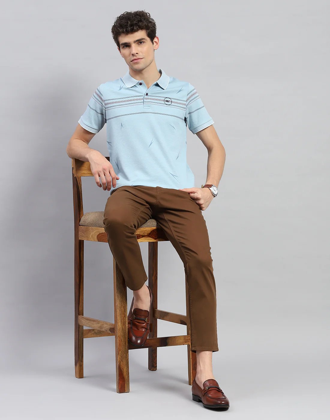 Men Sky Blue Printed Polo Collar Half Sleeve T-Shirt - Image 2