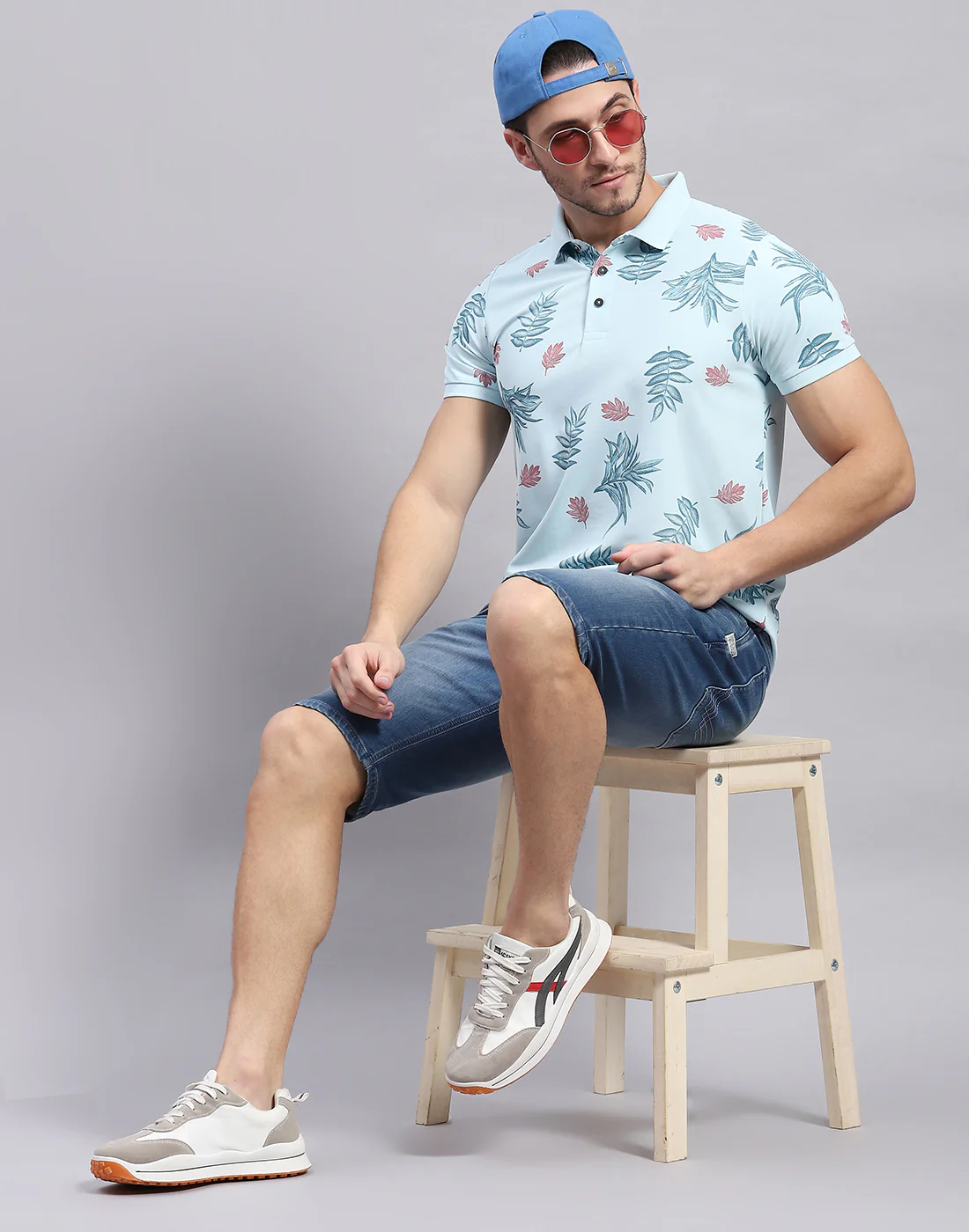 Men Sky Blue Printed Polo Collar Half Sleeve T-Shirt - Image 2