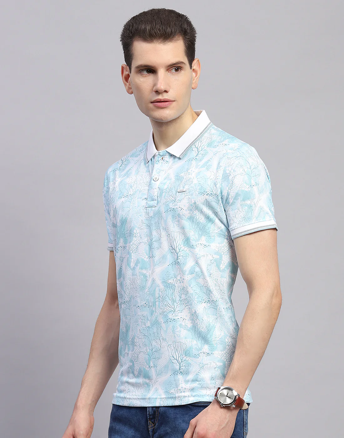 Men Sky Blue Printed Polo Collar Half Sleeve T-Shirt - Image 3
