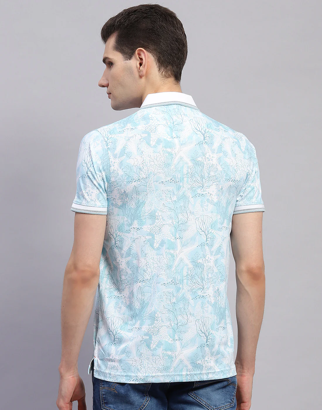 Men Sky Blue Printed Polo Collar Half Sleeve T-Shirt - Image 5