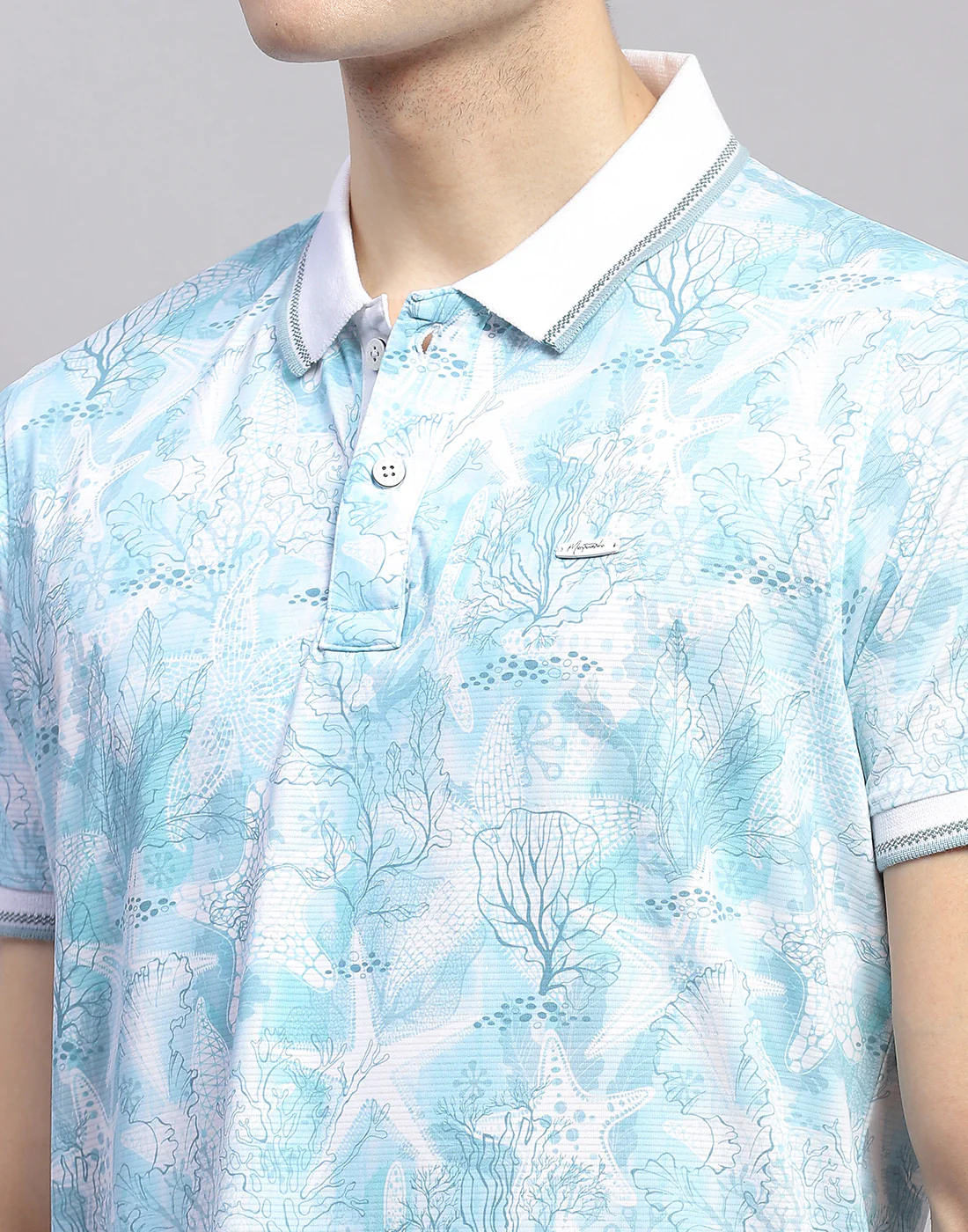 Men Sky Blue Printed Polo Collar Half Sleeve T-Shirt - Image 6