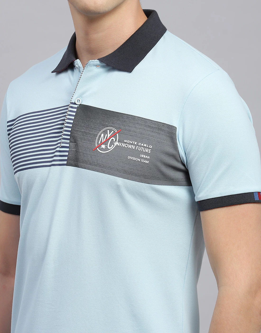 Men Sky Blue Printed Polo Collar Half Sleeve T-Shirt - Image 6