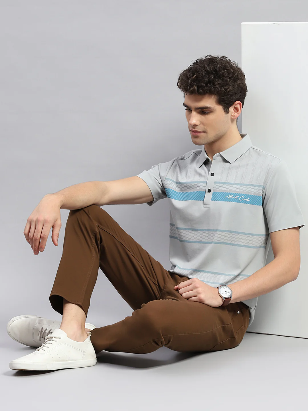 Men Grey Printed Polo Collar Half Sleeve T-Shirt - Image 2