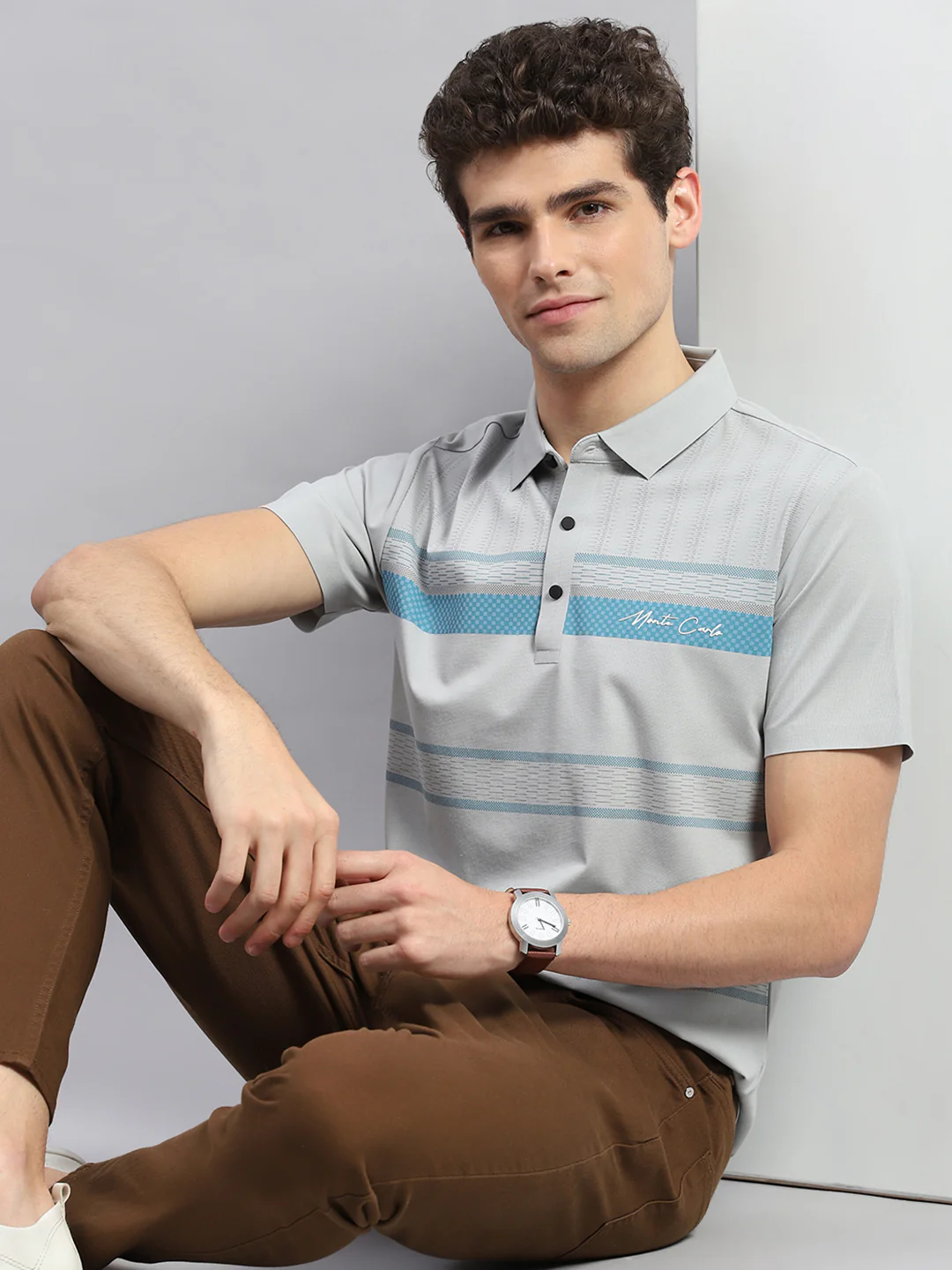 Men Grey Printed Polo Collar Half Sleeve T-Shirt - Image 6