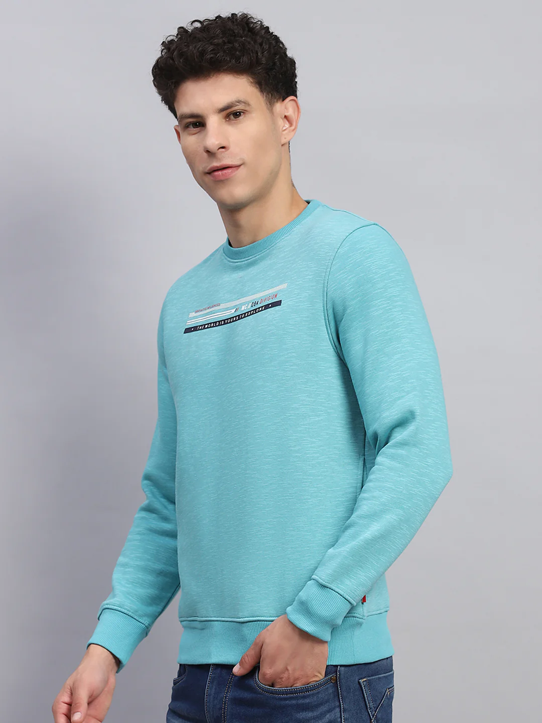 Men Sky Blue Printed Round Neck Full Sleeve Sweatshirt - Image 3