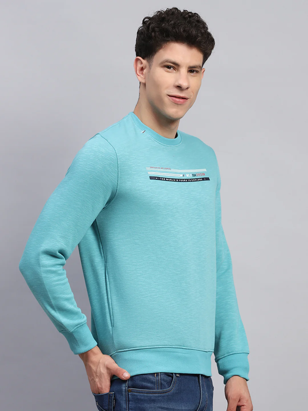 Men Sky Blue Printed Round Neck Full Sleeve Sweatshirt - Image 4