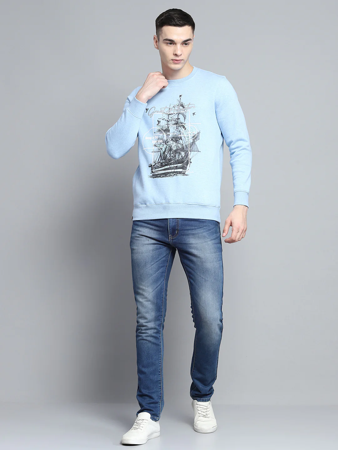 Men Sky Blue Printed Round Neck Full Sleeve Sweatshirt - Image 2