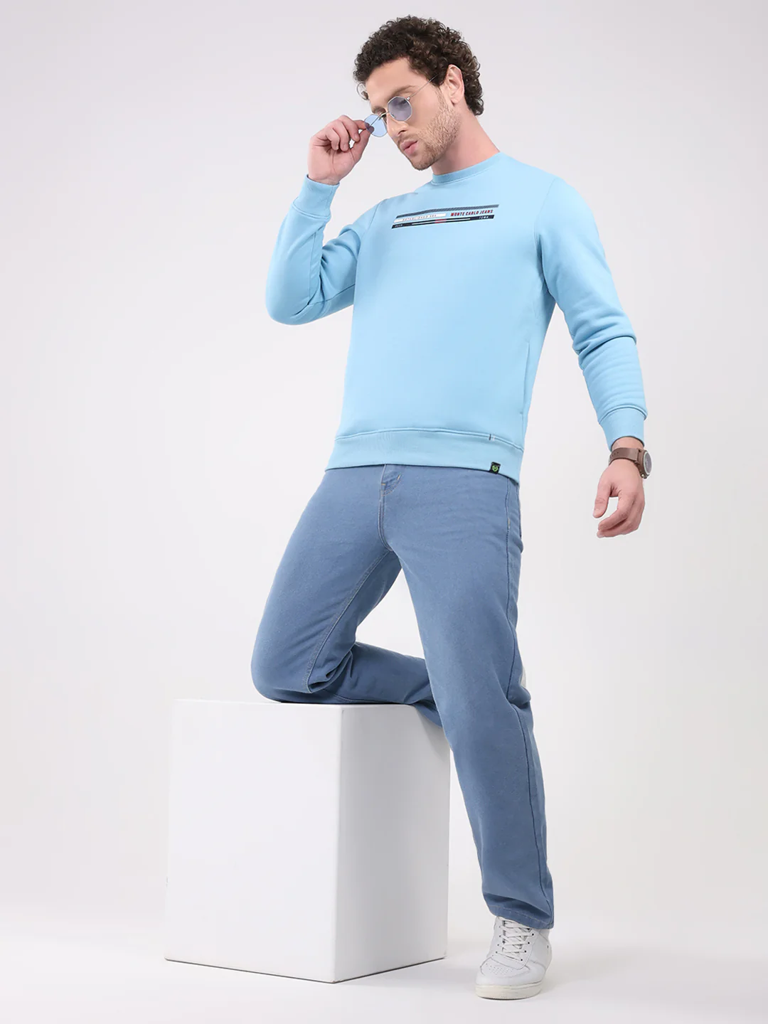 Men Sky Blue Printed Round Neck Full Sleeve Sweatshirt - Image 2