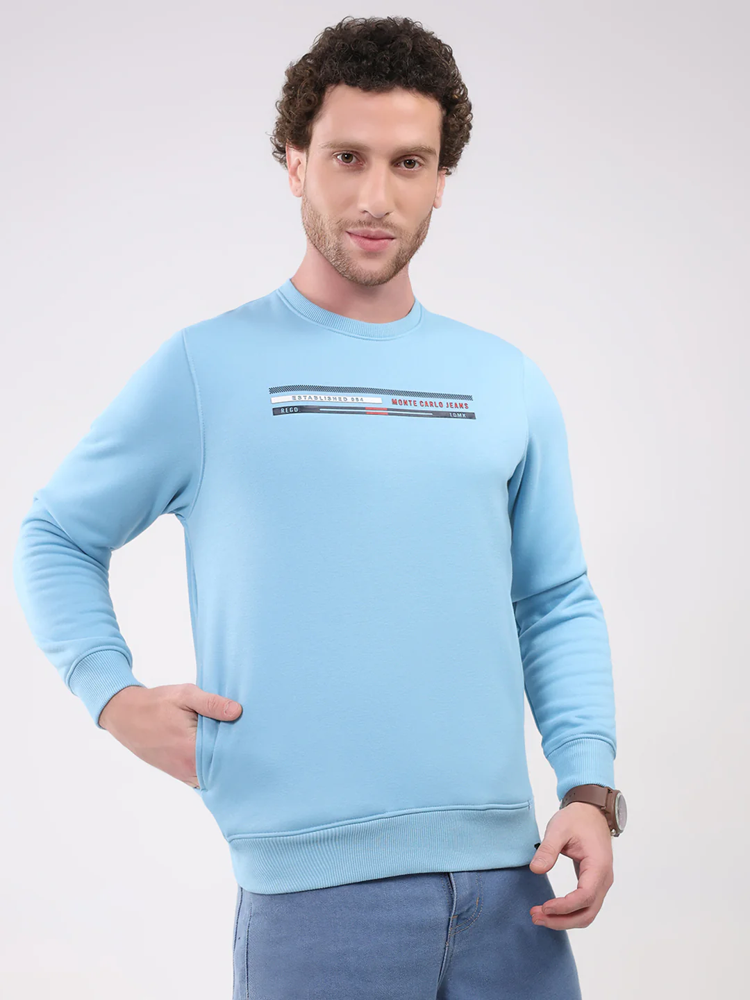 Men Sky Blue Printed Round Neck Full Sleeve Sweatshirt - Image 4