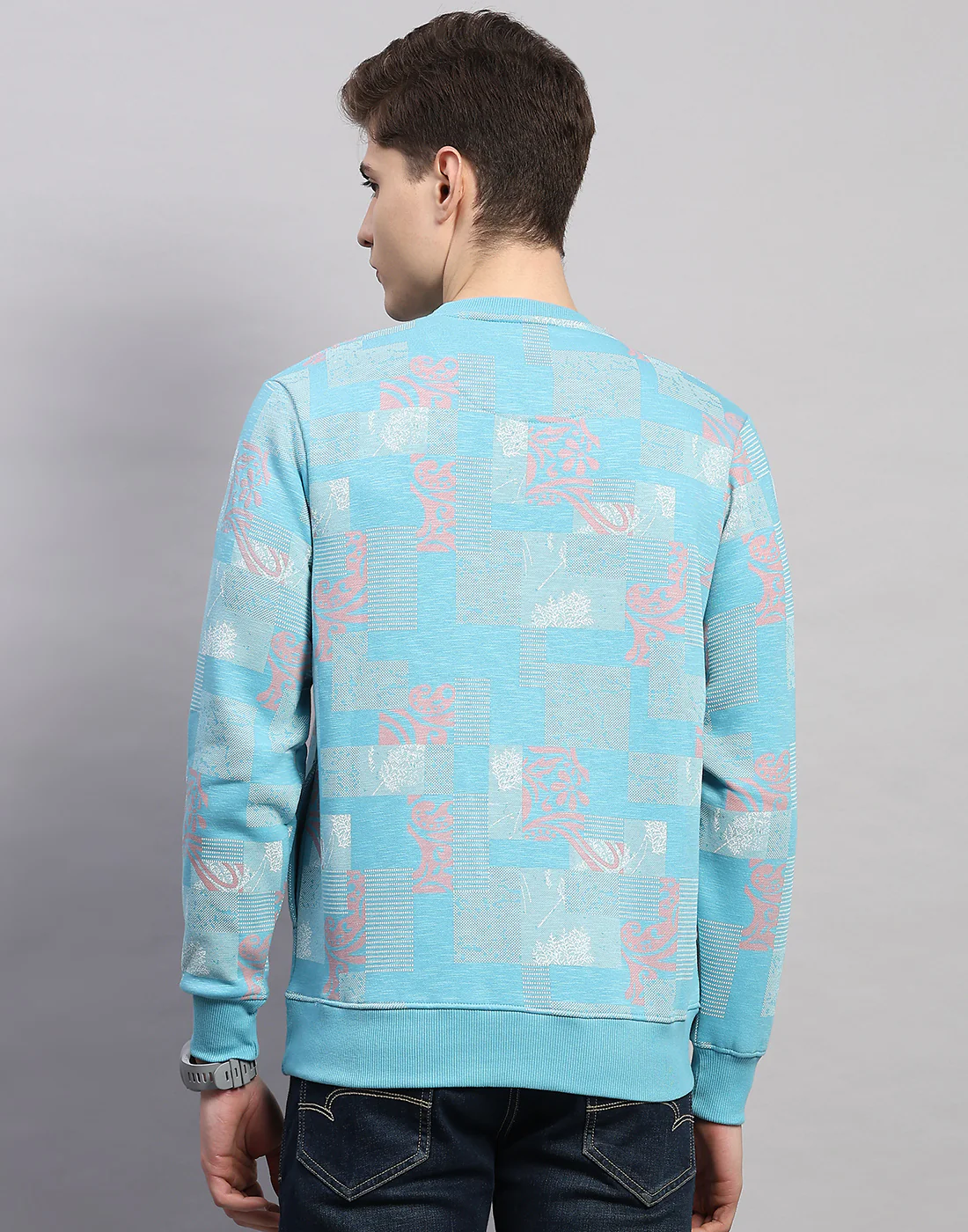 Men Sky Blue Printed Round Neck Full Sleeve Sweatshirt - Image 4