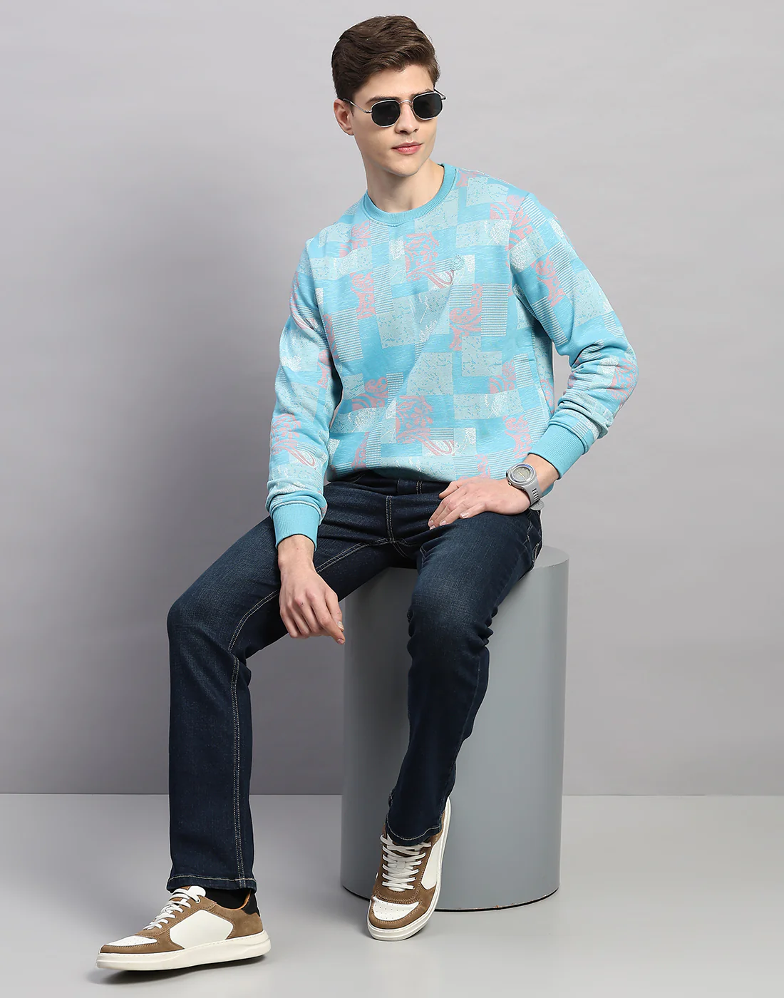Men Sky Blue Printed Round Neck Full Sleeve Sweatshirt - Image 5