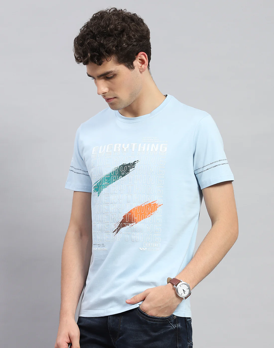 Men Sky Blue Printed Round Neck Half Sleeve T-Shirt - Image 3