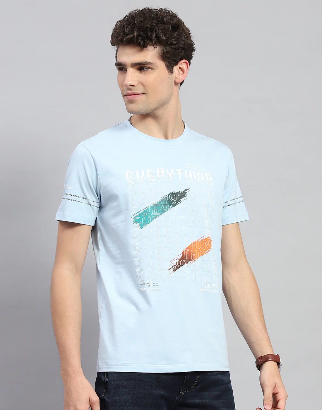 Men Sky Blue Printed Round Neck Half Sleeve T-Shirt - Image 4