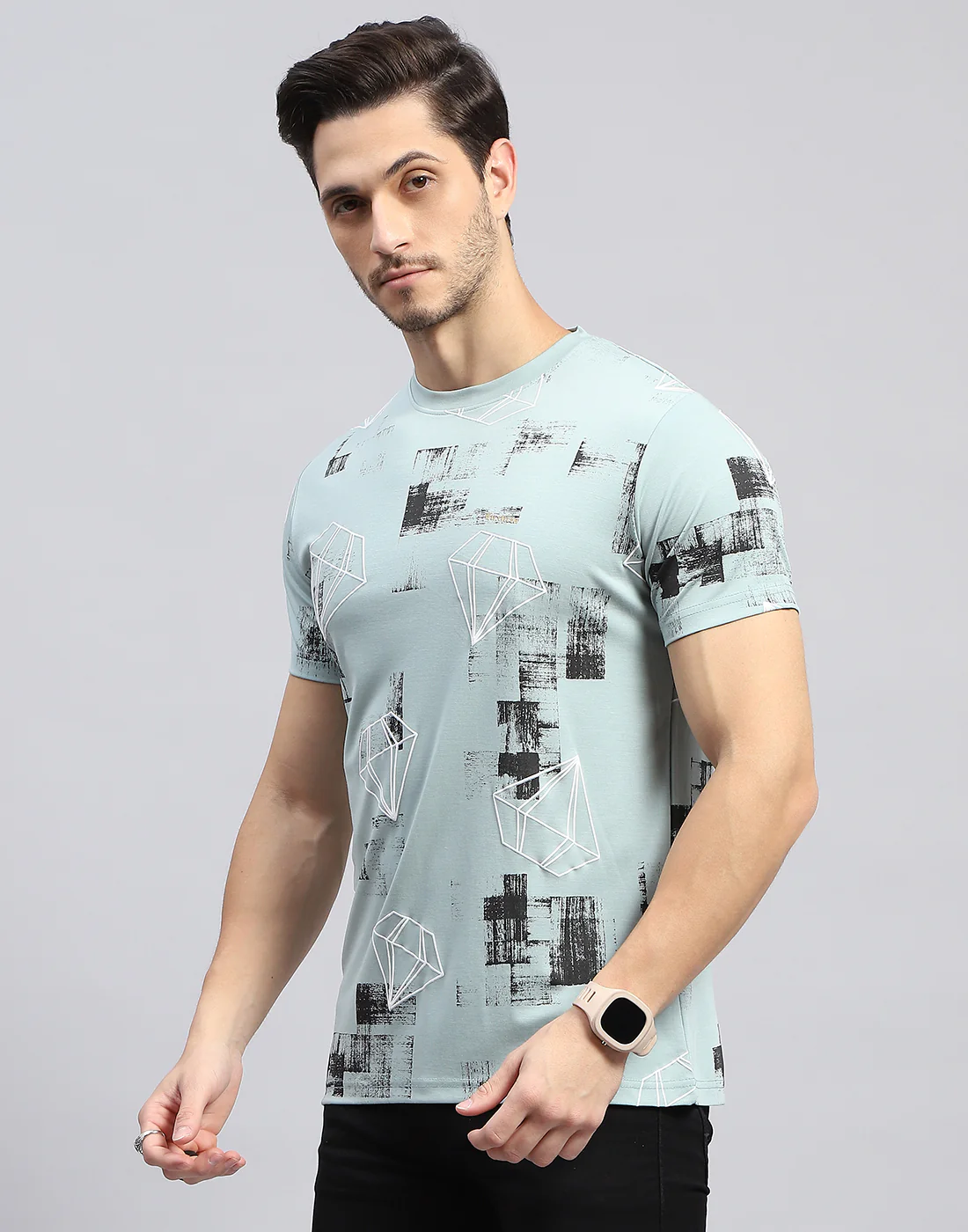 Men Sky Blue Printed Round Neck Half Sleeve T-Shirt - Image 3