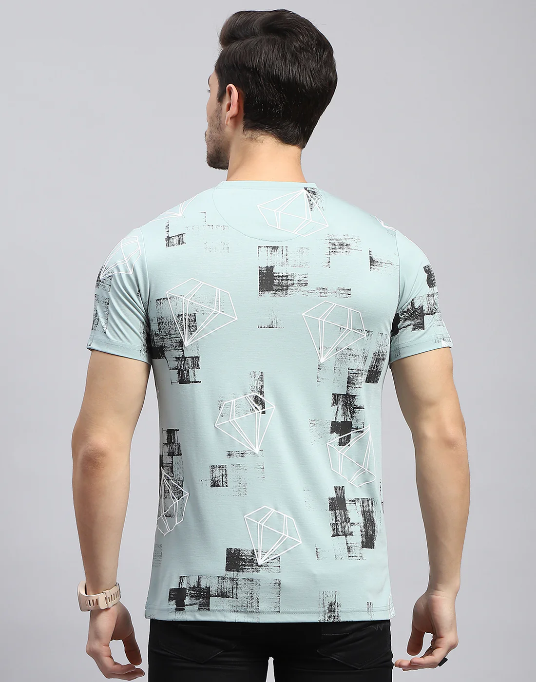 Men Sky Blue Printed Round Neck Half Sleeve T-Shirt - Image 5