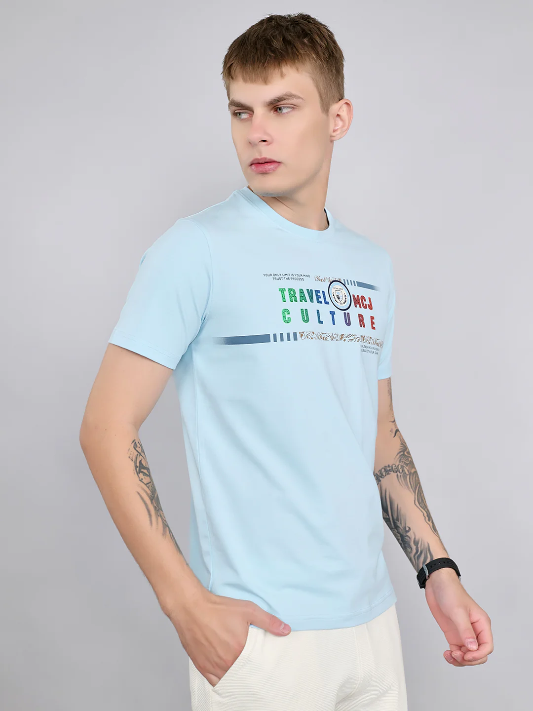 Men Sky Blue Printed Round Neck Half Sleeve T-Shirt - Image 3