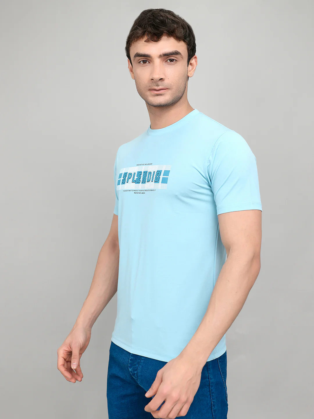 Men Sky Blue Printed Round Neck Half Sleeve T-Shirt - Image 3