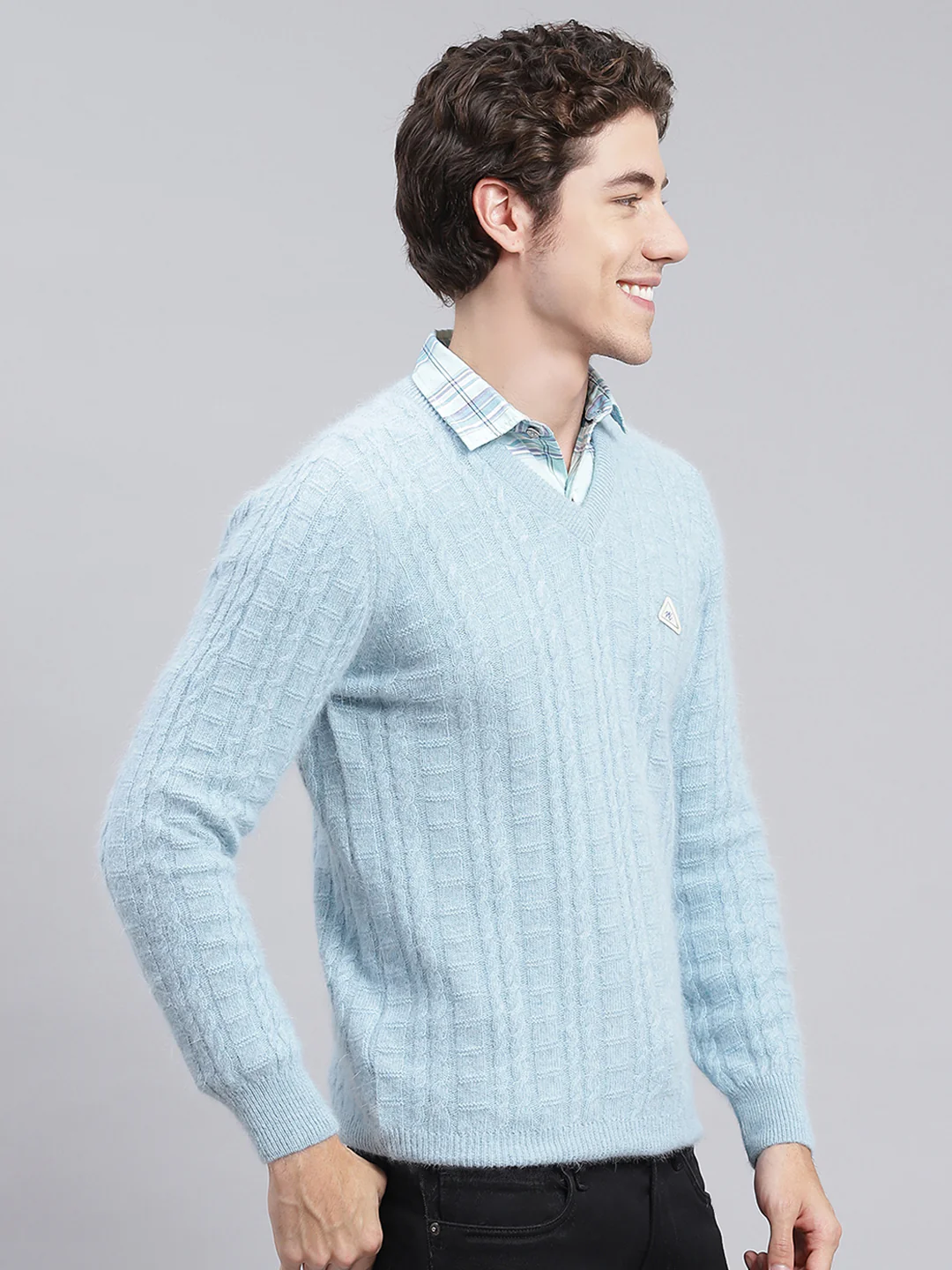 Men Sky Blue Self Design Angoora Pullover - Image 2