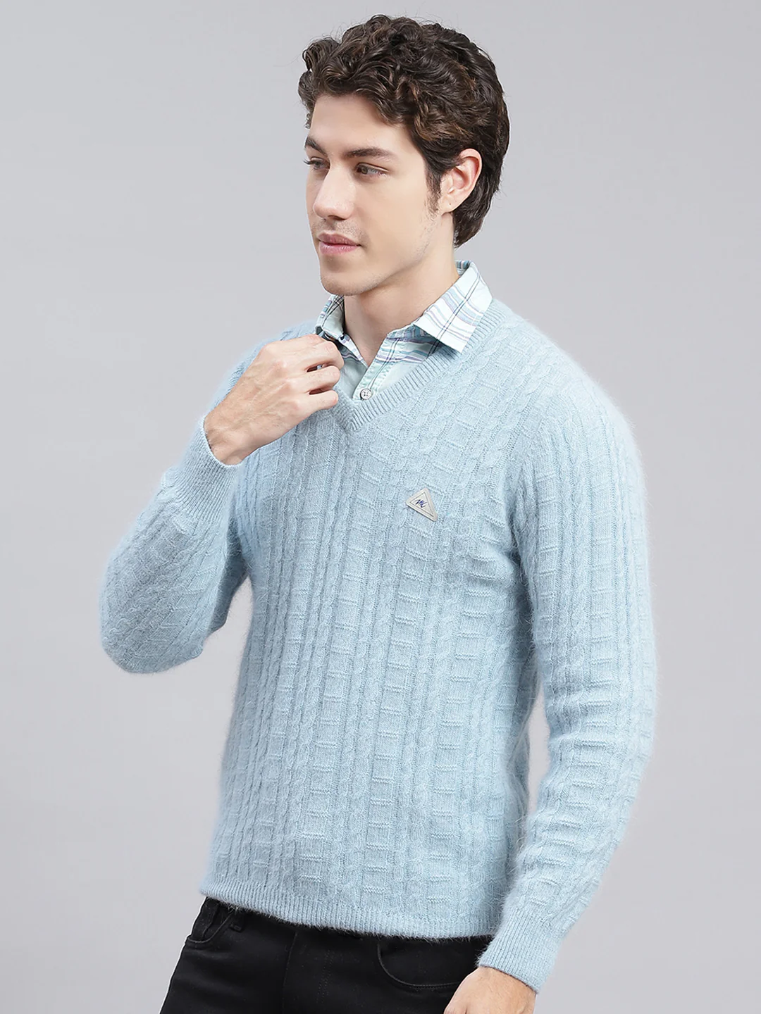 Men Sky Blue Self Design Angoora Pullover - Image 3