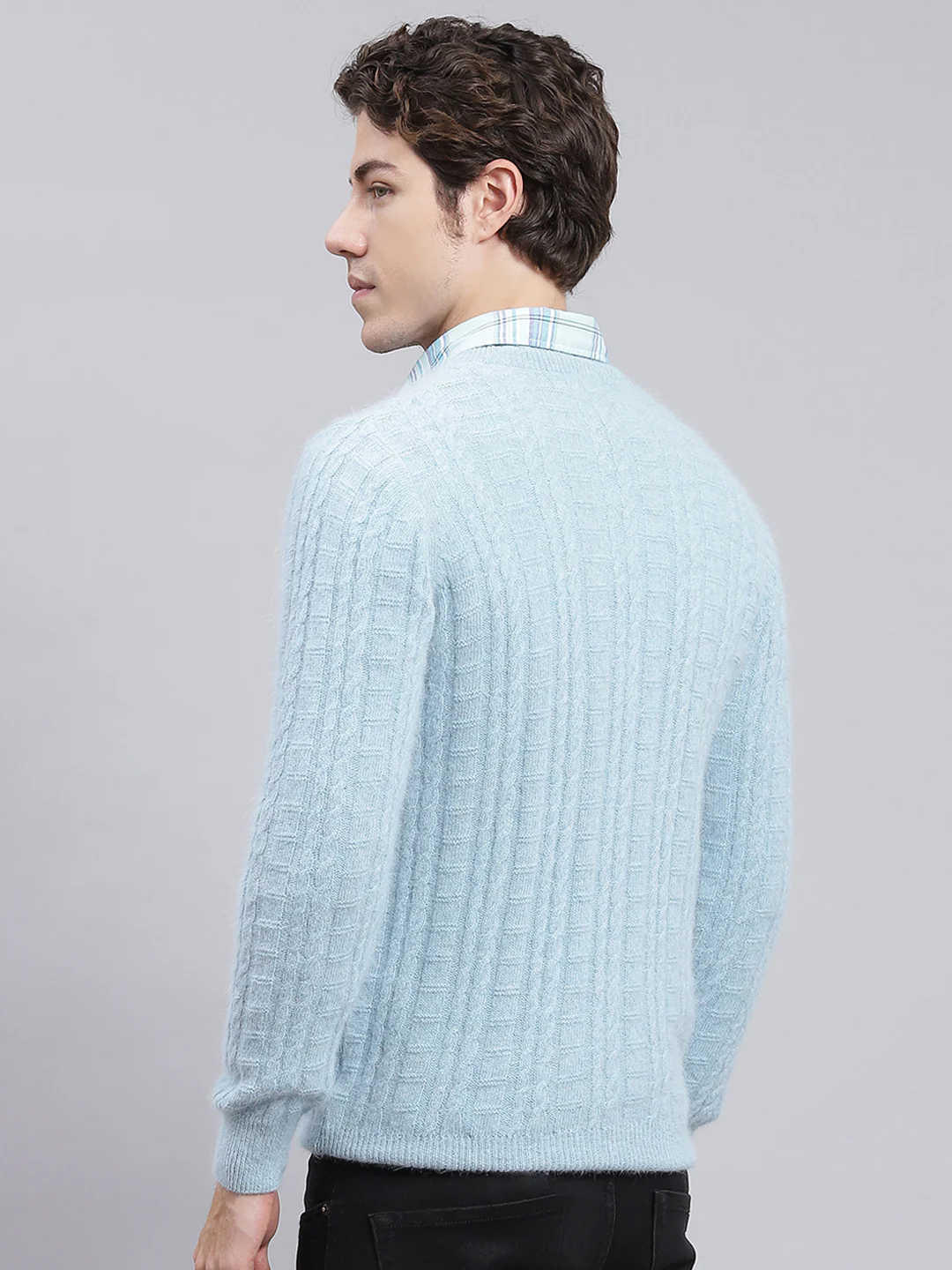 Men Sky Blue Self Design Angoora Pullover - Image 4