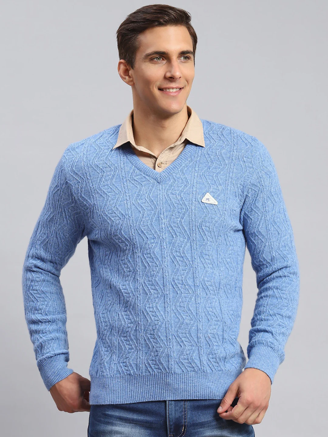 Men Sky Blue Self Design Lamb wool Pullover - Image 2