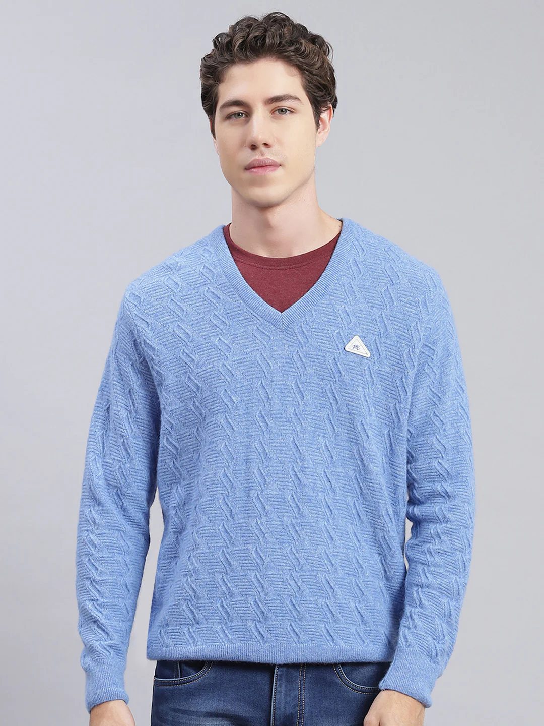 Men Sky Blue Self Design Lamb wool Pullover - Image 2