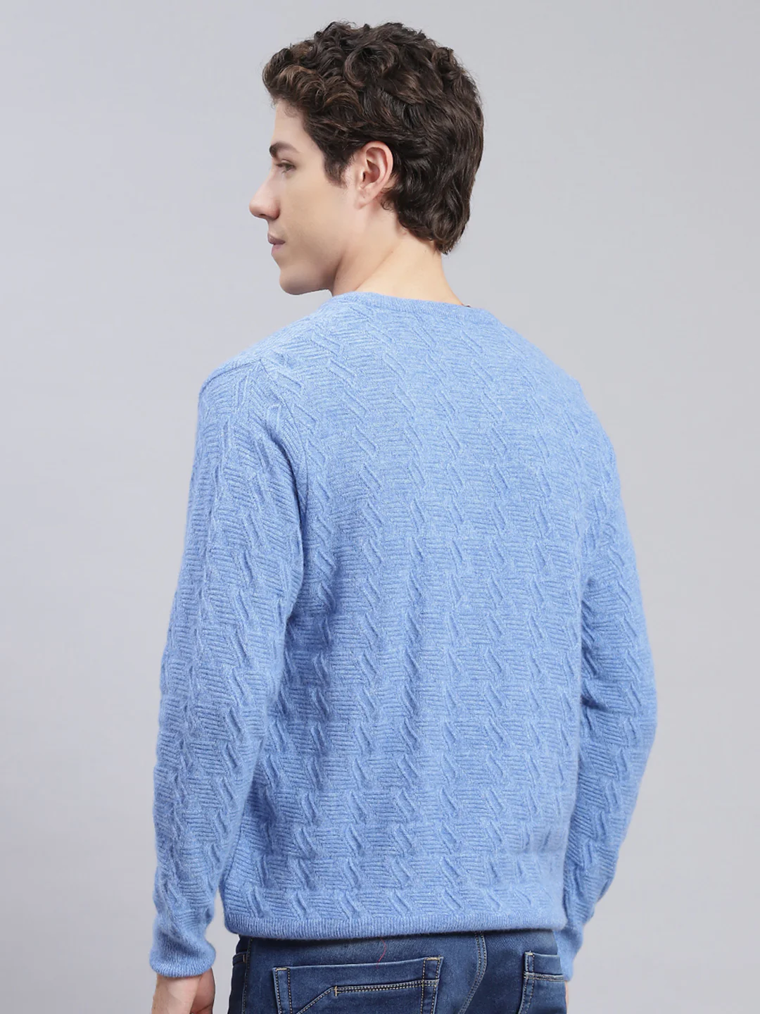 Men Sky Blue Self Design Lamb wool Pullover - Image 5