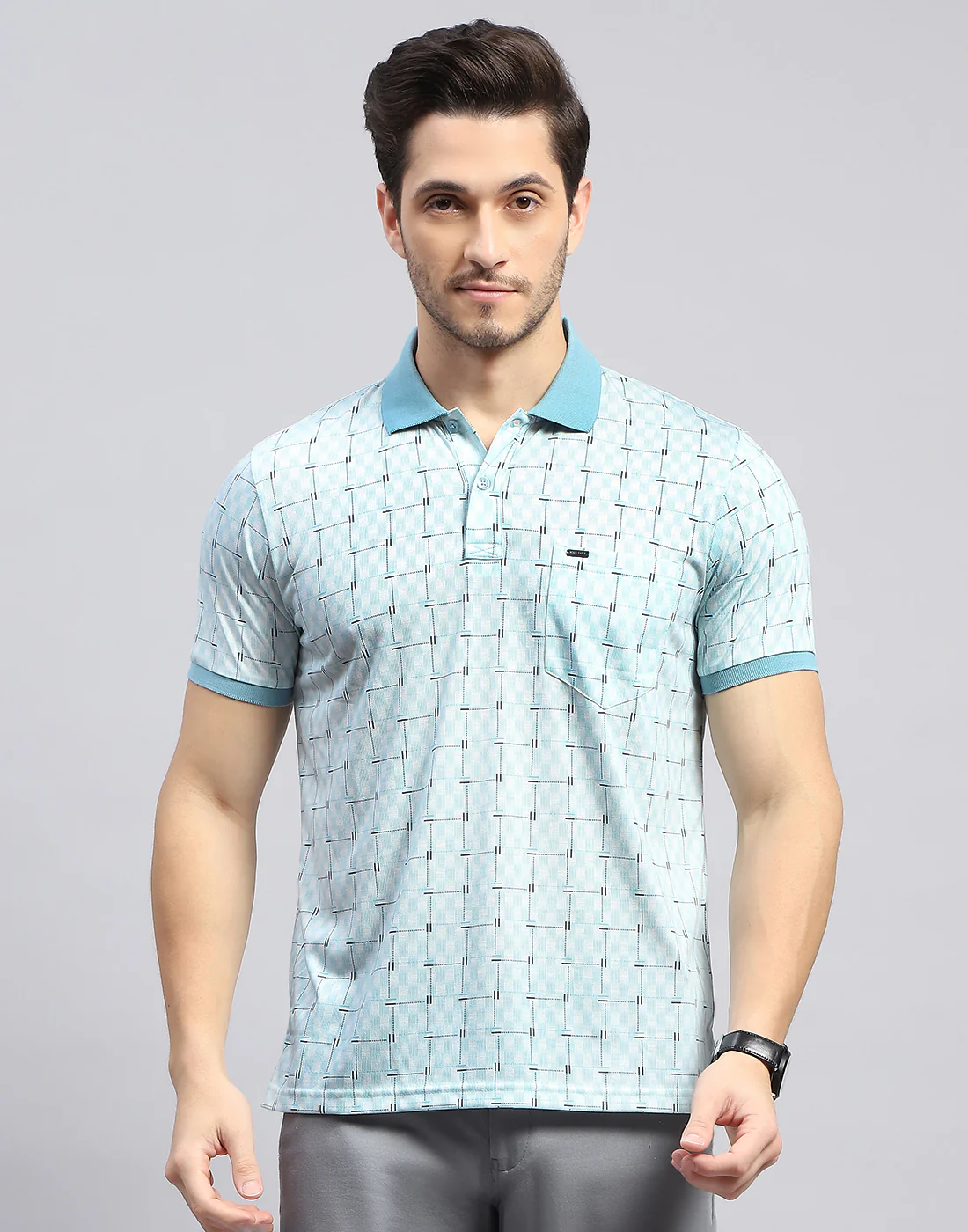 Men Sky Blue Self Design Polo Collar Half Sleeve T-Shirt - Image 3