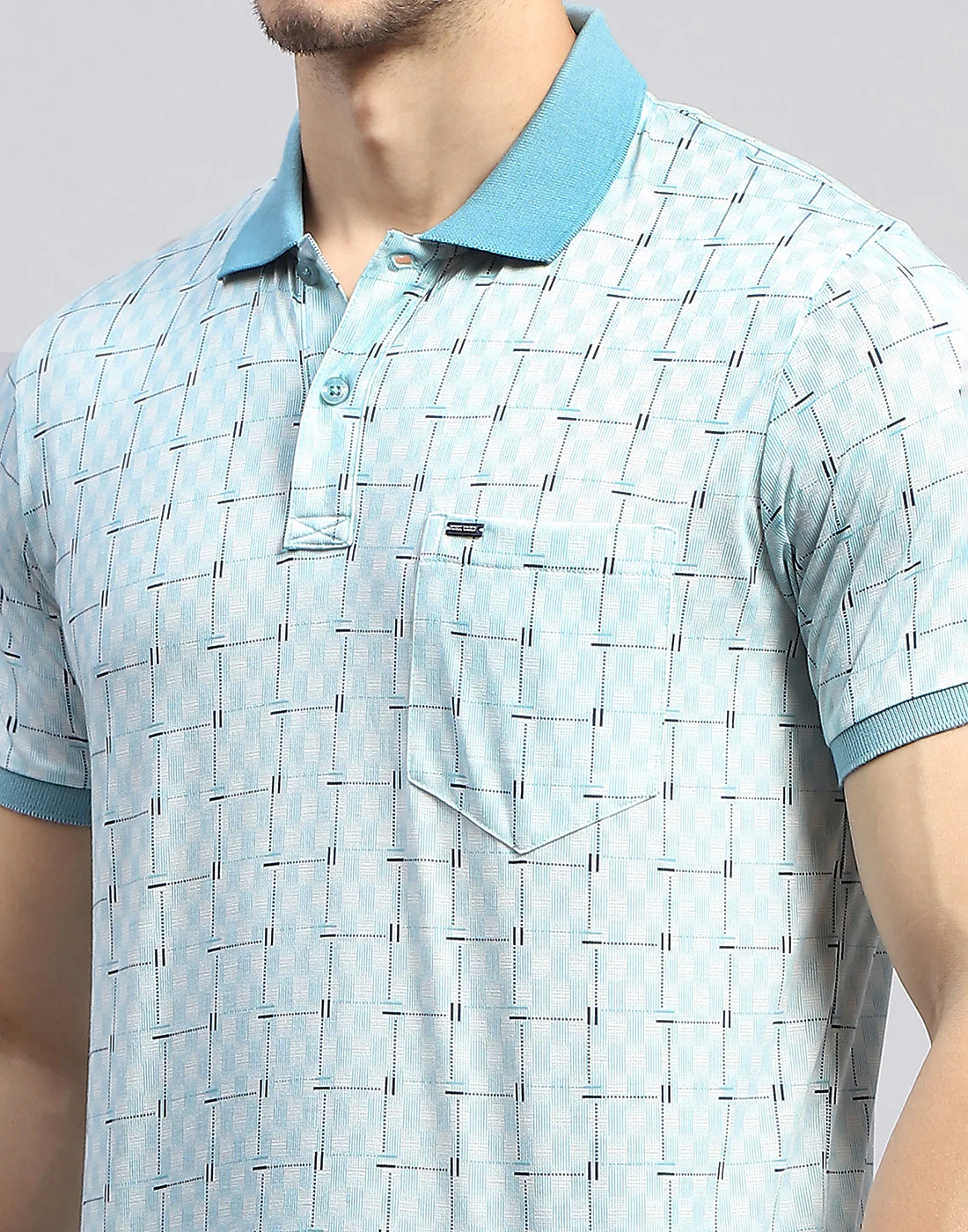 Men Sky Blue Self Design Polo Collar Half Sleeve T-Shirt - Image 6