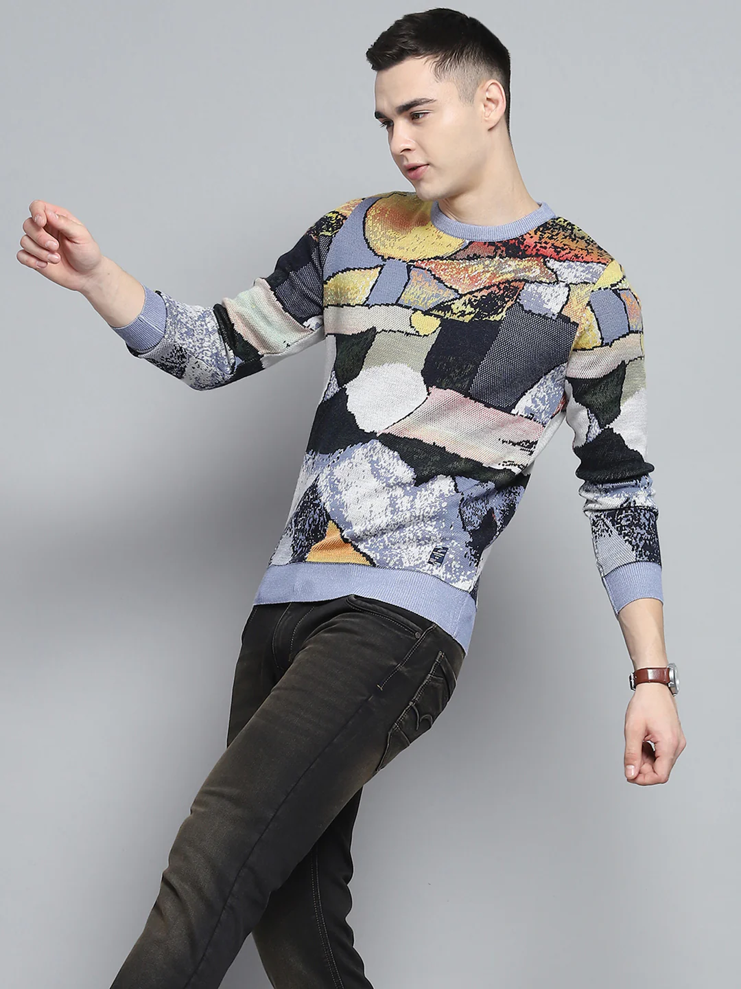 Men Sky Blue Self Design Round Neck Full Sleeve Pullover - Image 6