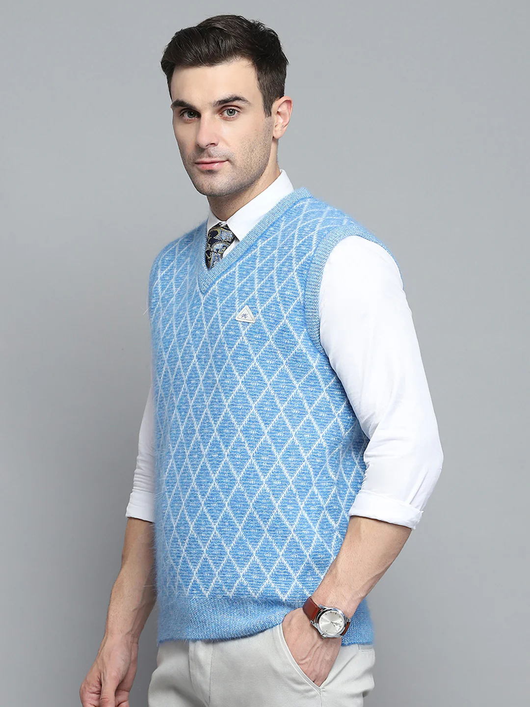 Men Sky Blue Self Design V Neck Sleeveless Sweater - Image 3
