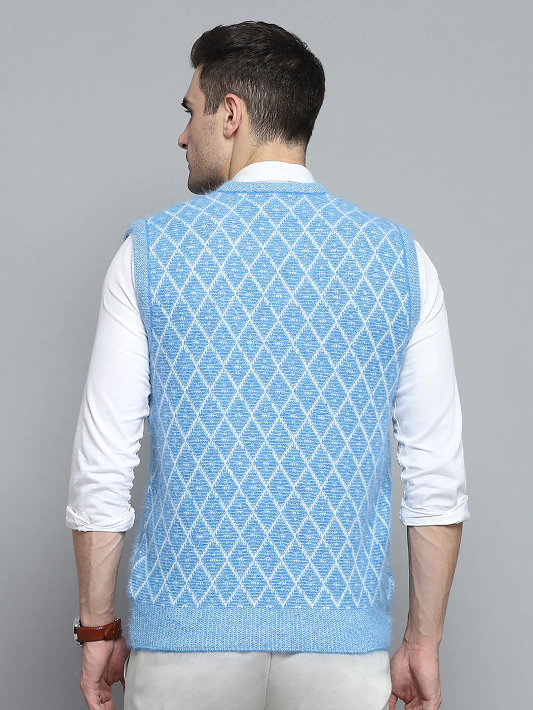 Men Sky Blue Self Design V Neck Sleeveless Sweater - Image 5