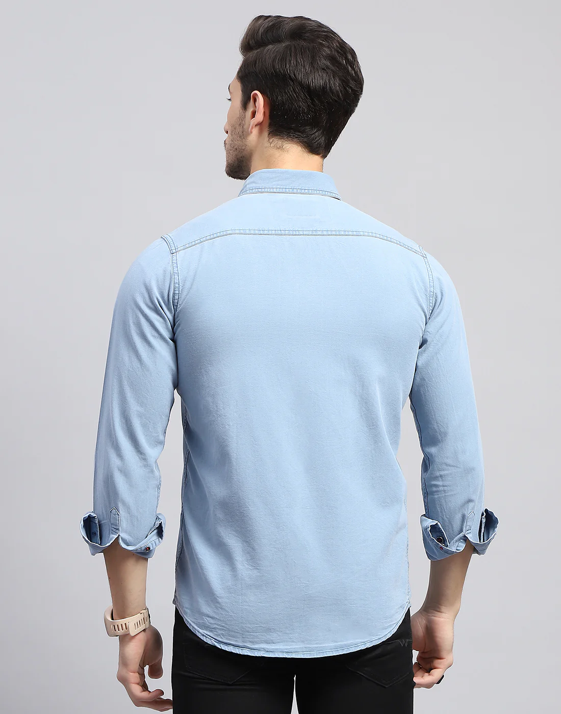 Men Sky Blue Solid Collar Full Sleeve Shirt - Image 5