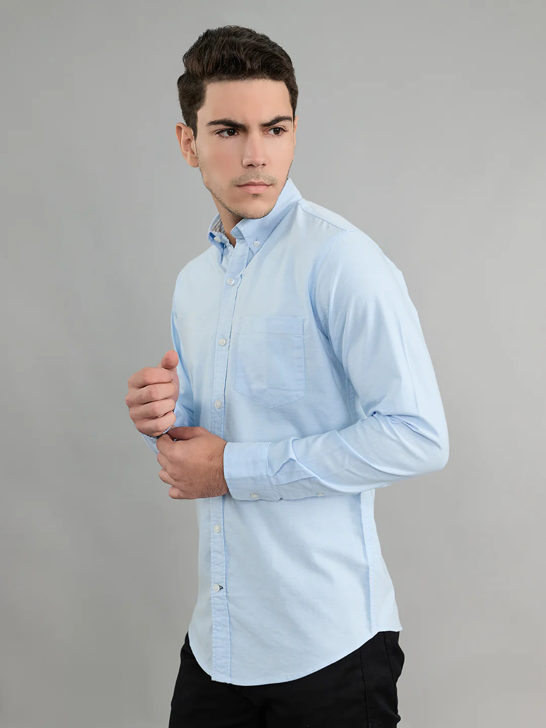 Men Sky Blue Solid Collar Full Sleeve Shirt - Image 2