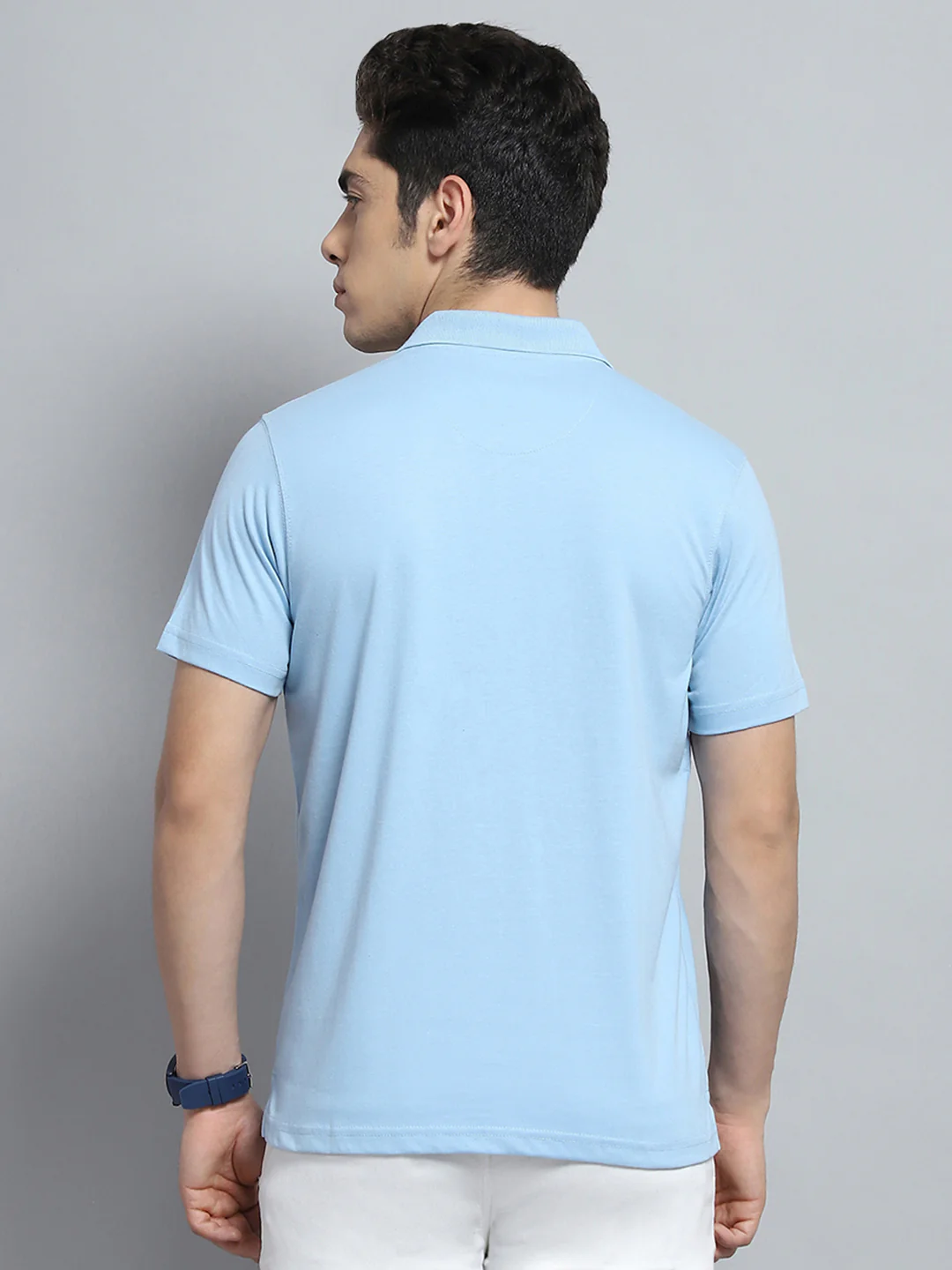 Men Sky Blue Solid Collar Half Sleeve T-Shirt - Image 5