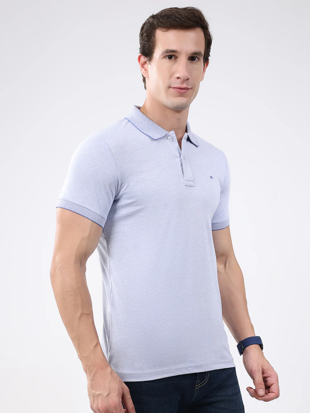 Men Sky Blue Solid Collar Half Sleeve T-Shirt - Image 4