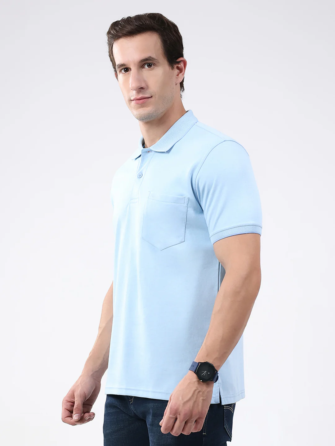 Men Sky Blue Solid Collar Half Sleeve T-Shirt - Image 3