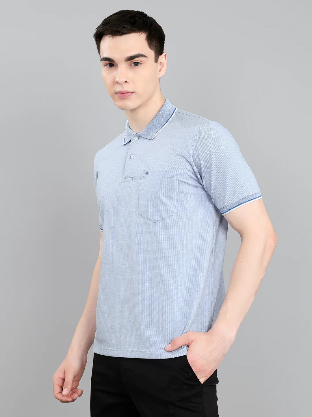 Men Sky Blue Solid Collar Half Sleeve T-Shirt - Image 2