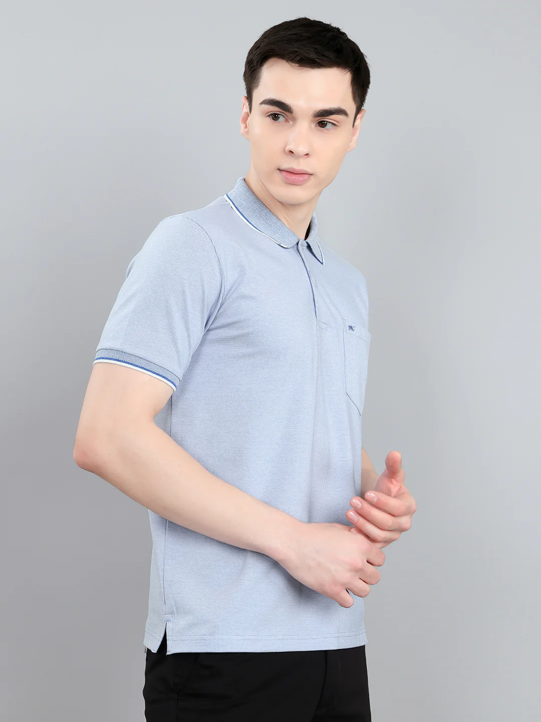 Men Sky Blue Solid Collar Half Sleeve T-Shirt - Image 3