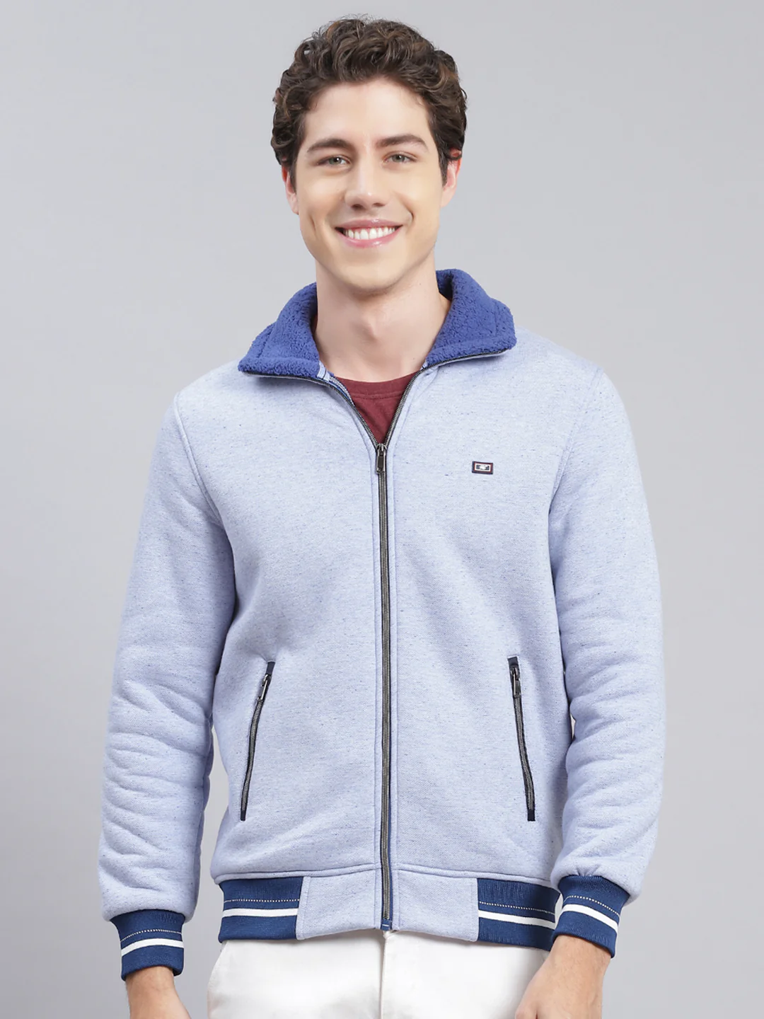 Men Sky Blue Solid Cotton Blend Sweatshirt