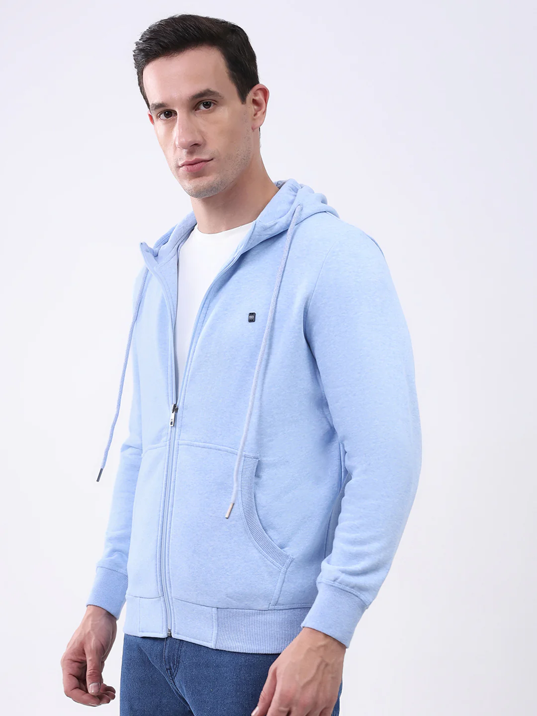 Men Sky Blue Solid Hooded Full Sleeve Sweatshirt - Image 3