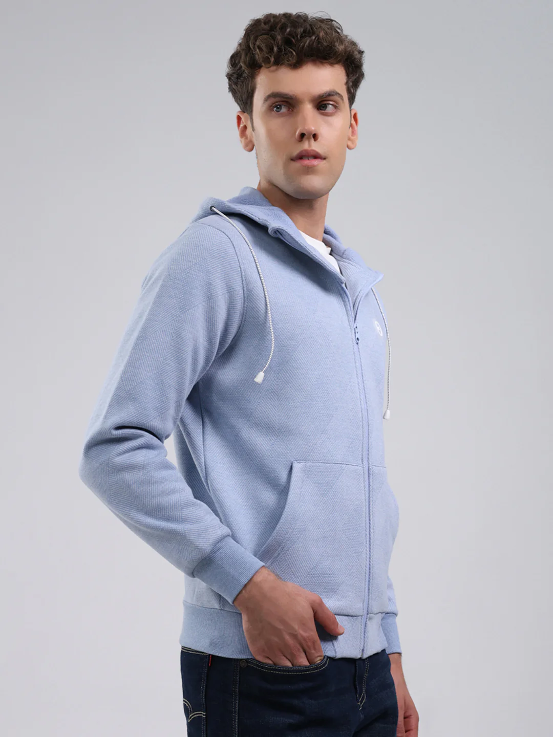 Men Sky Blue Solid Hooded Full Sleeve Sweatshirt - Image 4