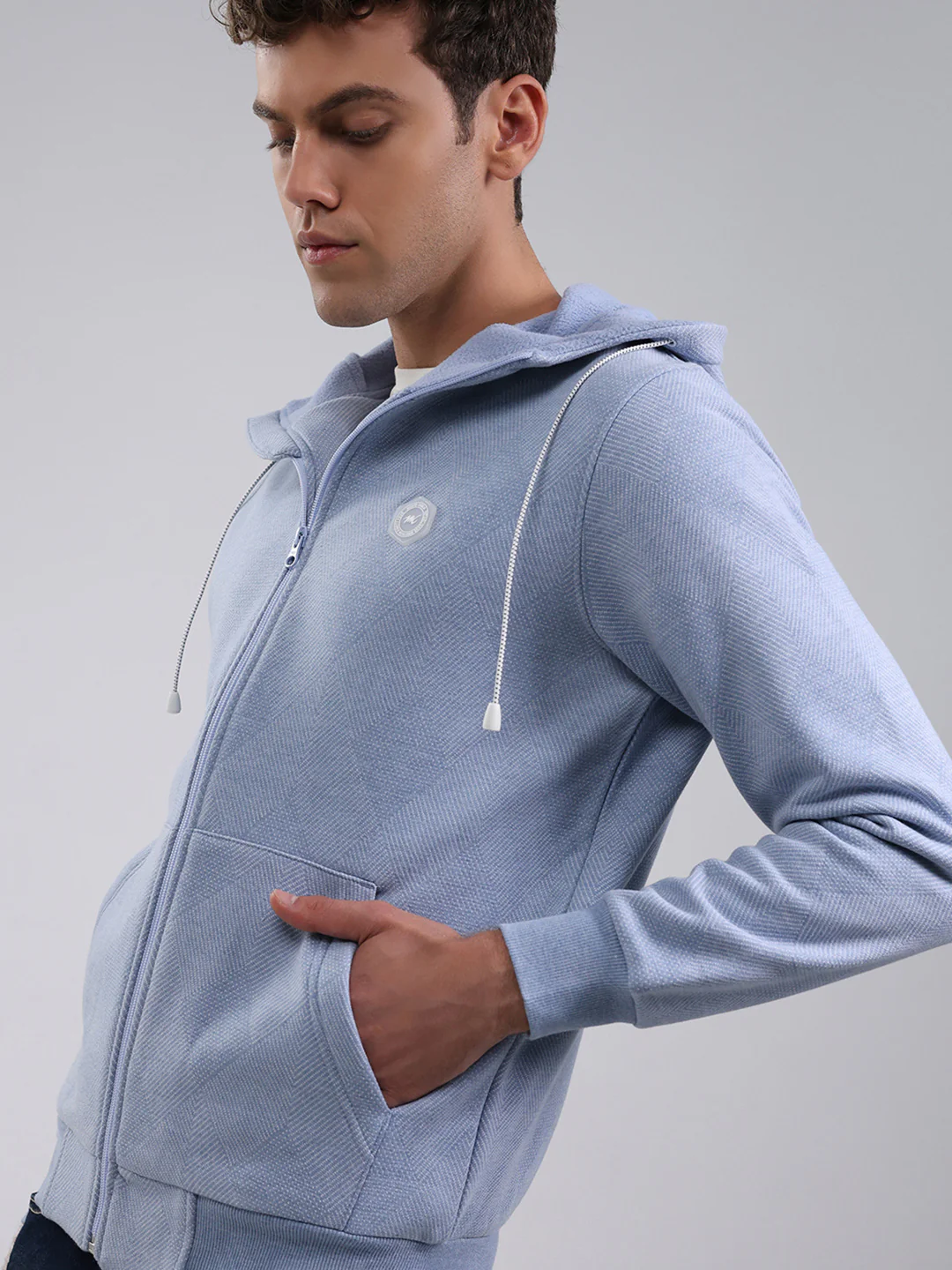 Men Sky Blue Solid Hooded Full Sleeve Sweatshirt - Image 6