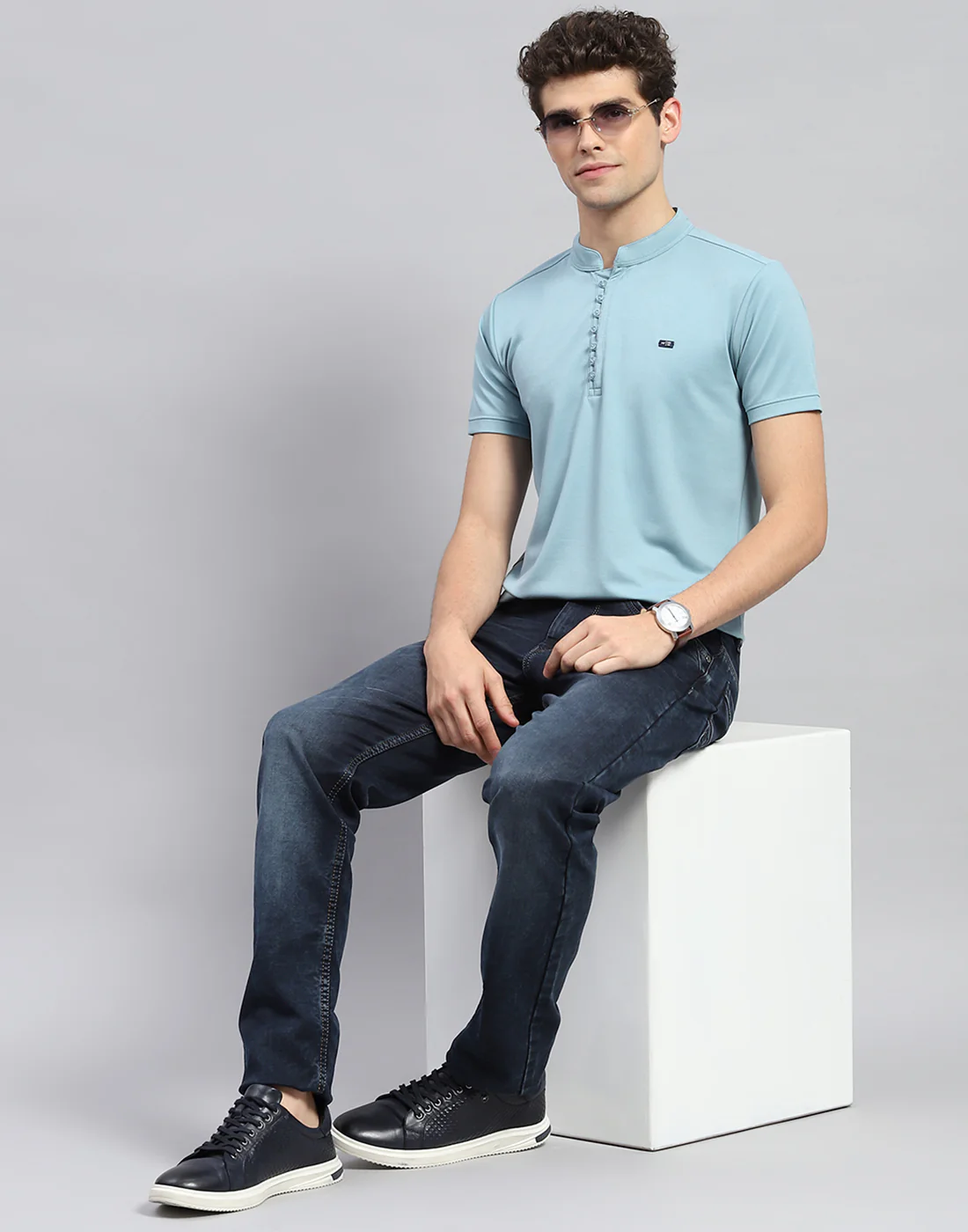Men Sky Blue Solid  Mandarin Neck Half Sleeve T-Shirt - Image 2