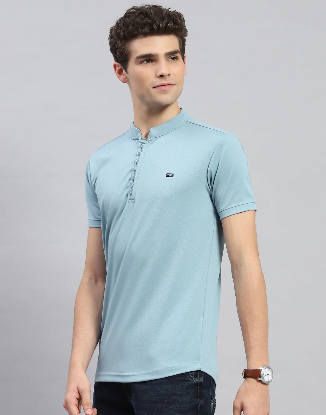 Men Sky Blue Solid  Mandarin Neck Half Sleeve T-Shirt - Image 3