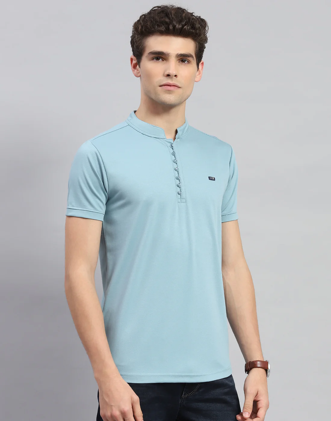 Men Sky Blue Solid  Mandarin Neck Half Sleeve T-Shirt - Image 4