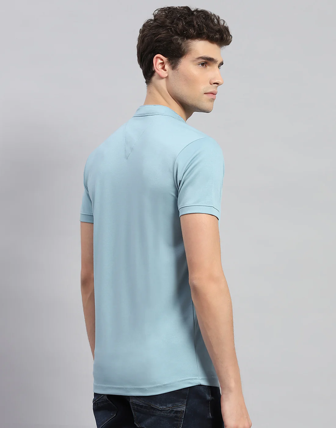 Men Sky Blue Solid  Mandarin Neck Half Sleeve T-Shirt - Image 5