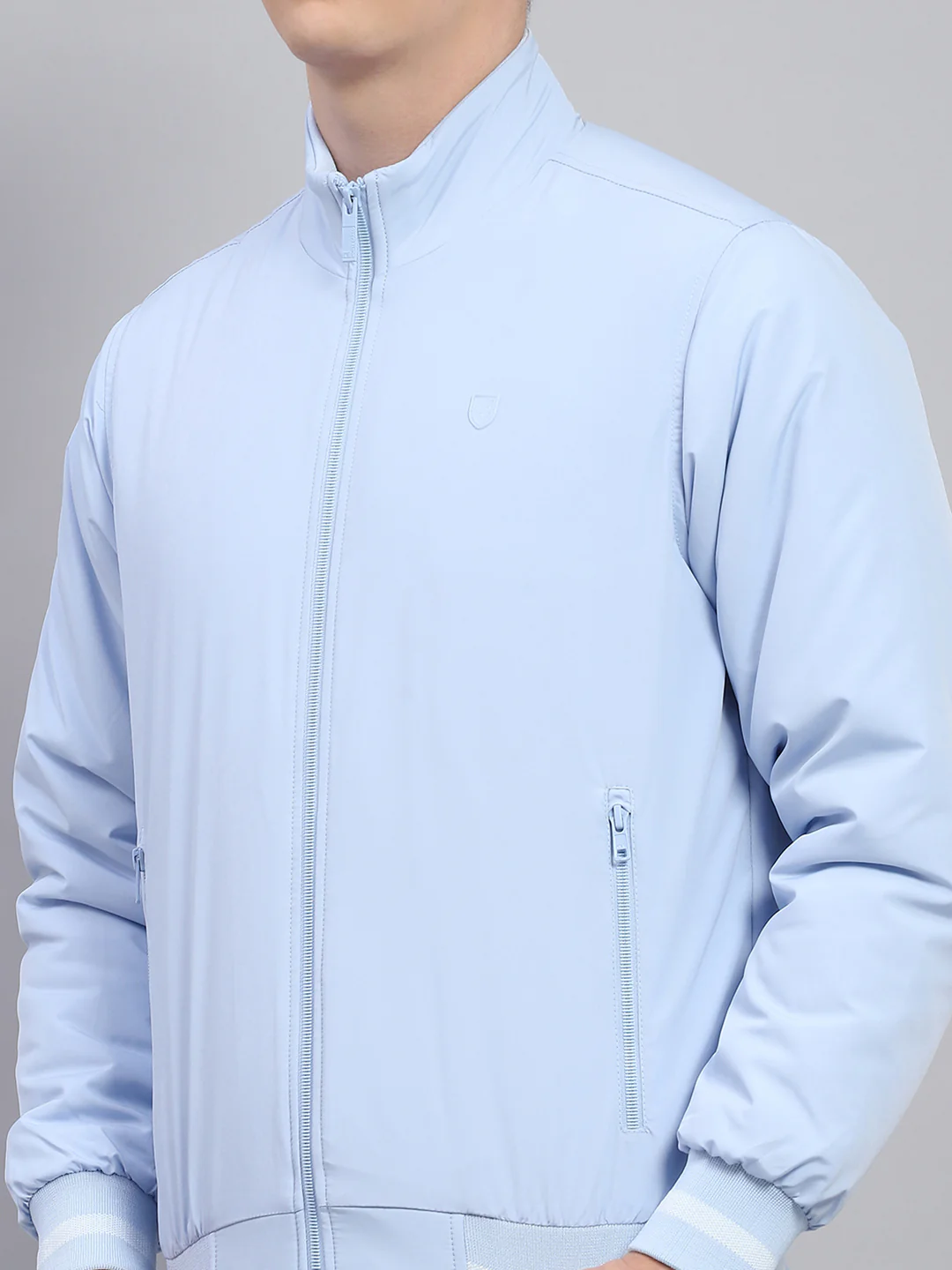 Men Sky Blue Solid Mock Neck Full Sleeve Jacket - Image 6