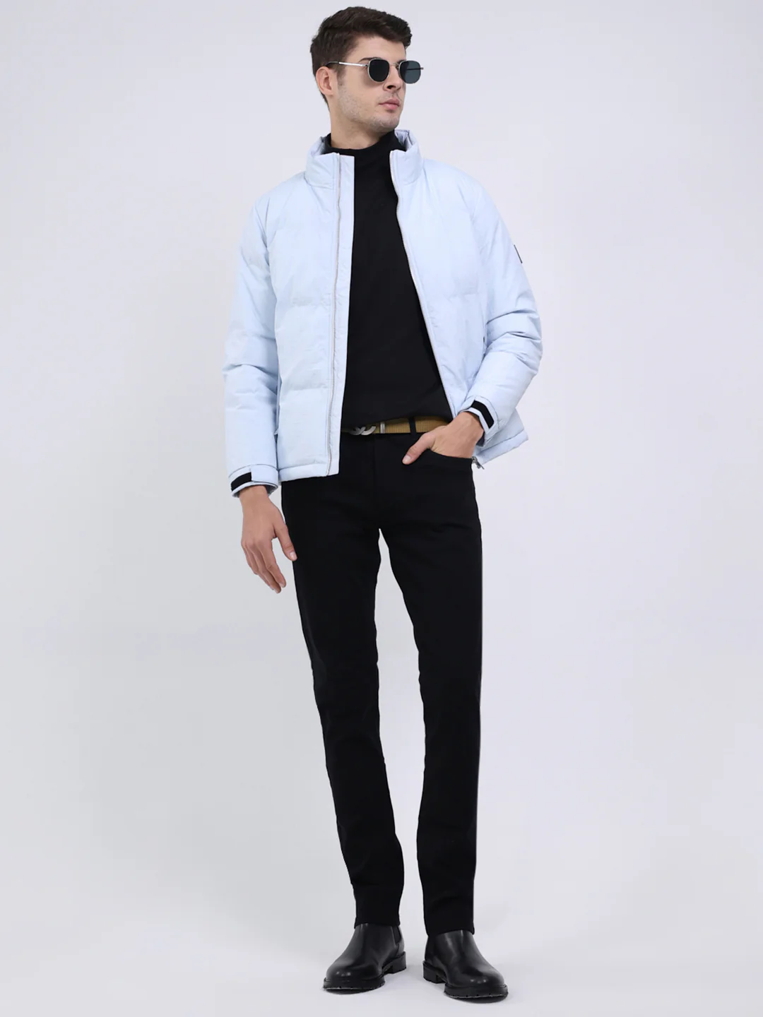 Men Sky Blue Solid Mock Neck Full Sleeve Jacket - Image 2