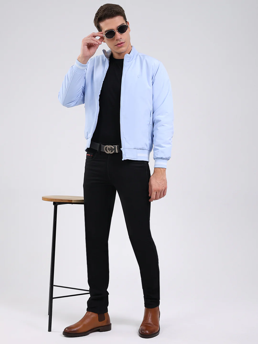Men Sky Blue Solid Mock Neck Full Sleeve Jacket - Image 2